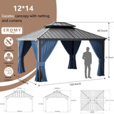 RTDTD 12’x14’ Hardtop Gazebo Outdoor Aluminum Frame Permanent Gazebo Galvanized Steel Double Roof Pergola with Nettings and Curtains for Patio, Lawns,Backyard, Deck(Navy) RTDTD