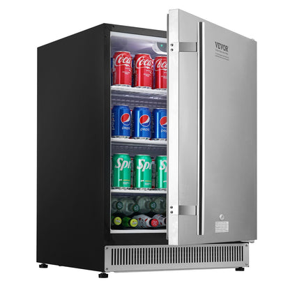 VEVOR Outdoor Refrigerator, 24-inch Undercounter Fridge, 185QT/175 Cans Built-in Beverage Cooler with 304 Stainless Steel Reversible Door, for Home Kitchen Commercial Use, Black