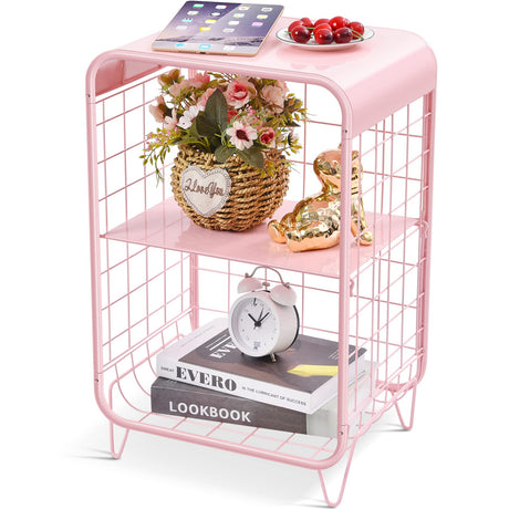 APEXCHASER Cute Pink Nightstand,Metal Side Table,3 Tier End Table with Storage,Vintage Bedside Table,Girls Bedroom Furniture,Coffee Table for Living Room,Bedroom,Dorm APEXCHASER