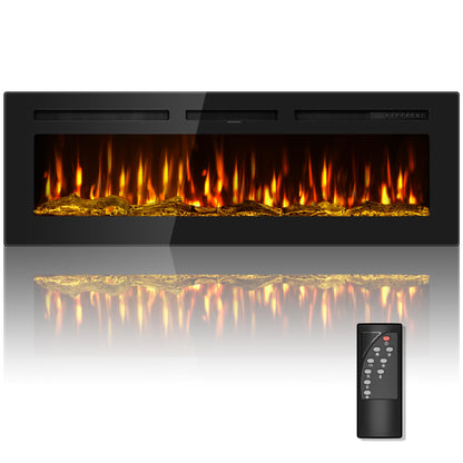 Urbansync Electric Fireplace 60 Inch Recessed and Wall Mounted Black Log and Crystal, 12-Color Flame, Timer, Low Noise, 750/1500W, Touch Screen and Remote Control, Adjustable Flame Color Speed.