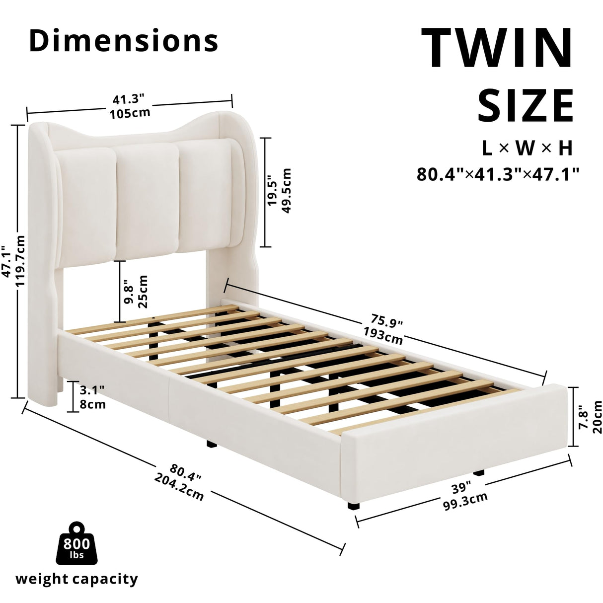 LIKIMIO Twin Bed Frame with Headboard, Velvet Upholstered Platform Bed with LED Light, Solid Wood Slats Support, No Box Spring Needed, Cream LIKIMIO