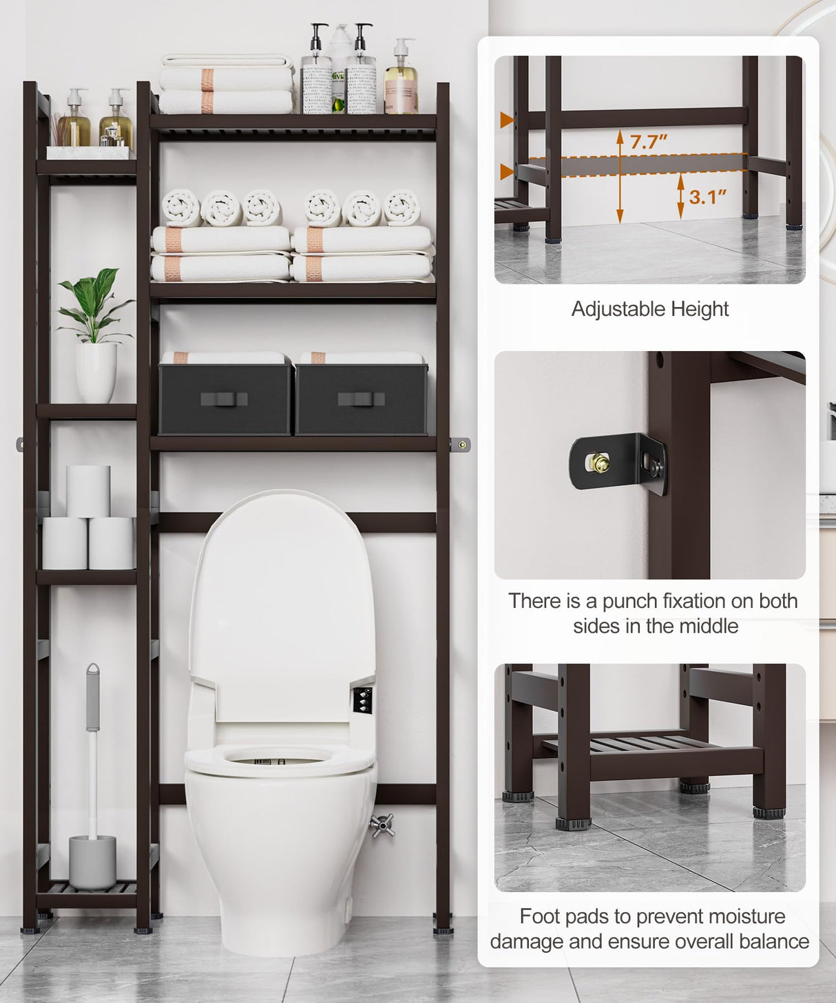 Homde Over The Toilet Storage with Basket and Drawer, Bamboo Bathroom Organizer with Adjustable Shelf & Waterproof Feet Pad, Space Saver Rack for Restroom, Laundry, Brown Homde