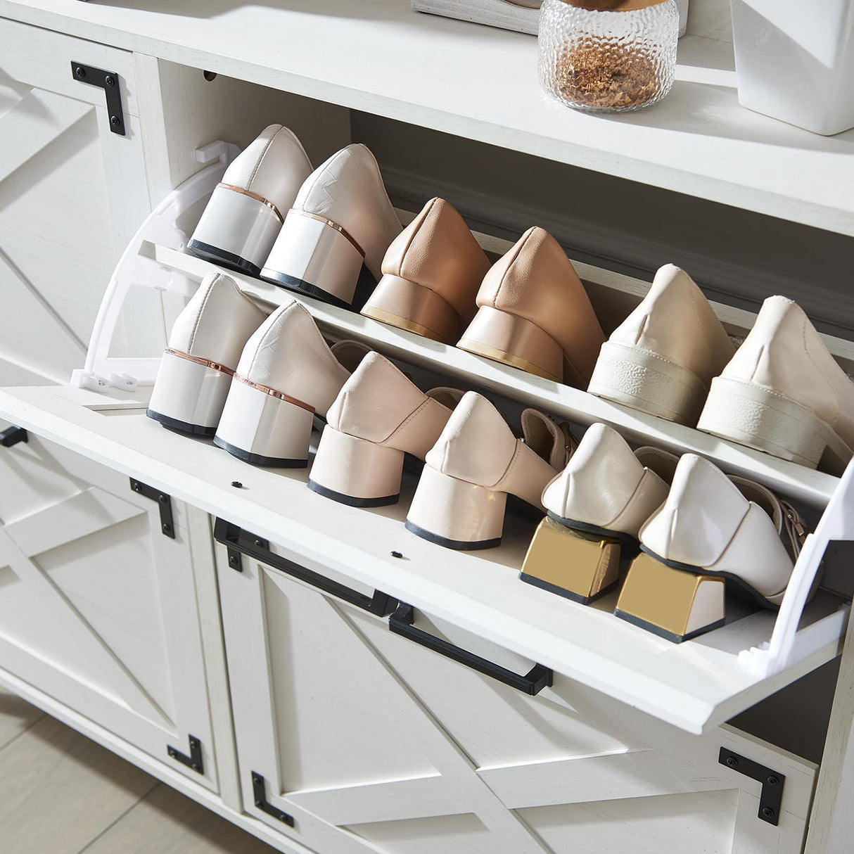 Barnyatoh Shoe Storage Cabinet,Farmhouse Shoe Organizer with 4 Flip Drawers & Barn Door Design,Freestanding Hidden Slim Narrow Shoe Rack Cabinet for Entryway,Foyer,Hallway,Antique White Barnyatoh