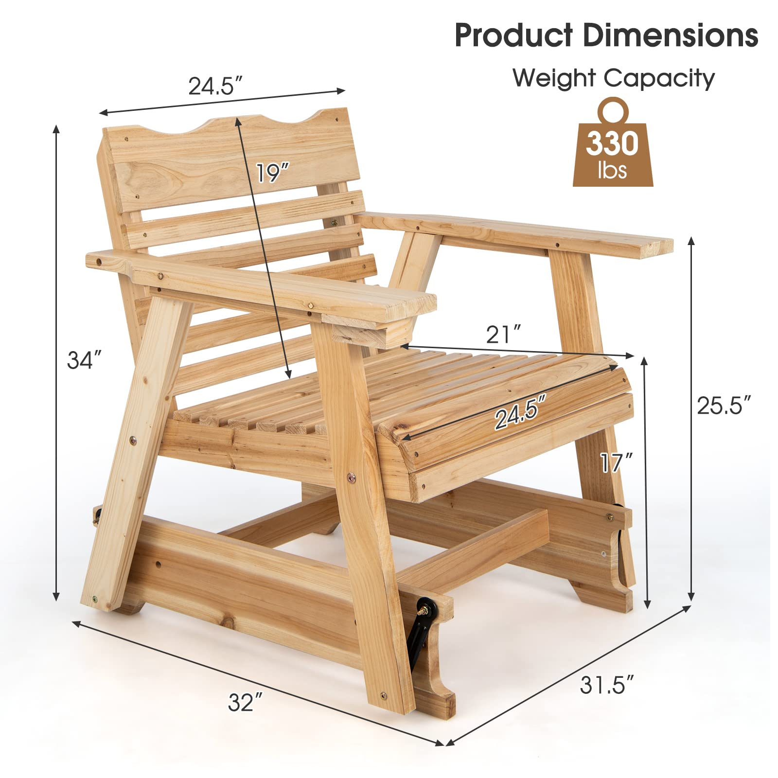 HAPPYGRILL Wood Patio Rocking Glider Chair, Outdoor Glider Chair with Hidden Cup Holder, Ergonomic Fir Wood Rocker for Front Porch Backyard Balcony - WoodArtSupply