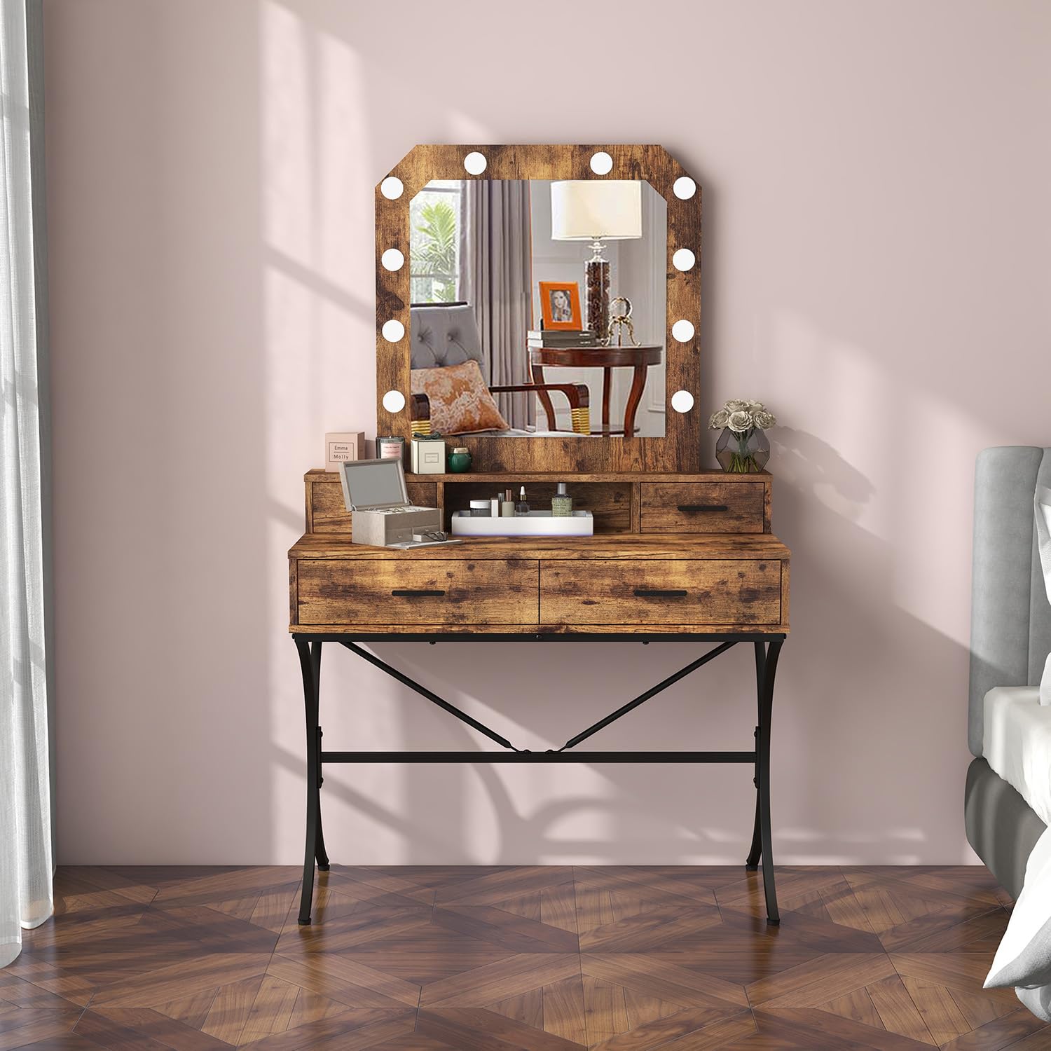 Vanity Table with Lighted Mirror, Modern Makeup Vanity Table with 10 Lights Makeup Desk 4 drawer Storage Dressing Table for Bedroom (Brown) - WoodArtSupply