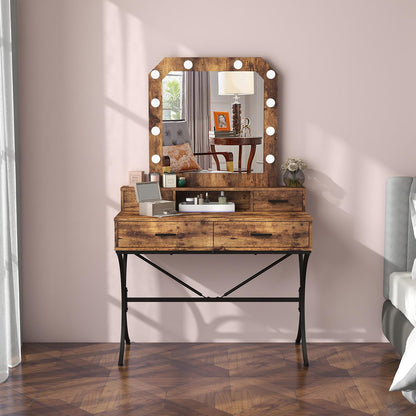 Vanity Table with Lighted Mirror, Modern Makeup Vanity Table with 10 Lights Makeup Desk 4 drawer Storage Dressing Table for Bedroom (Brown) - WoodArtSupply