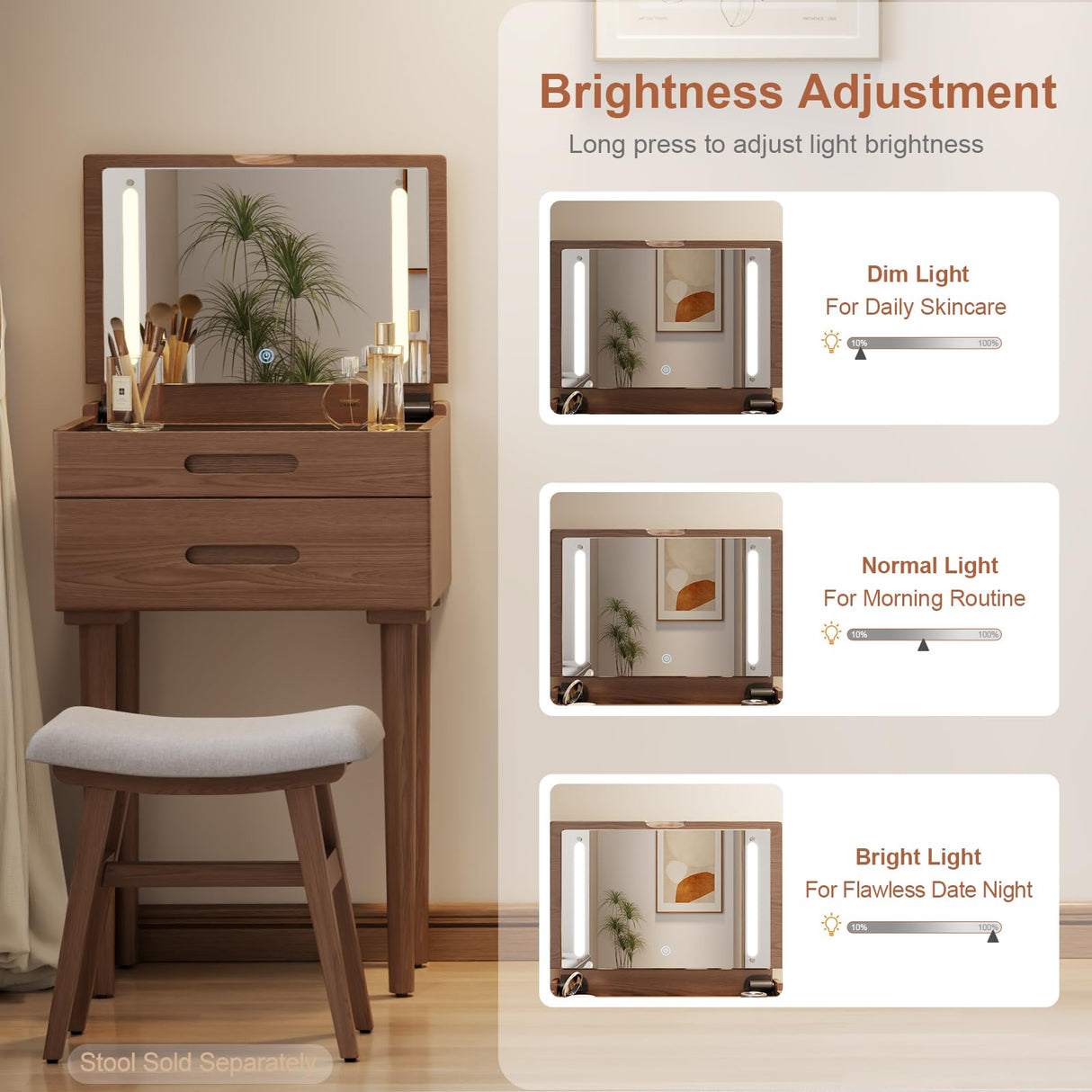 Muwuele Solid Wood Small Vanity Desk with Flip Top Mirror, Brightness Adjustable Lights, Compact Vanity with Glass Top and Drawers, Slim Dressing Table for Small Space, Bedroom, Living Room, Walnut Muwuele