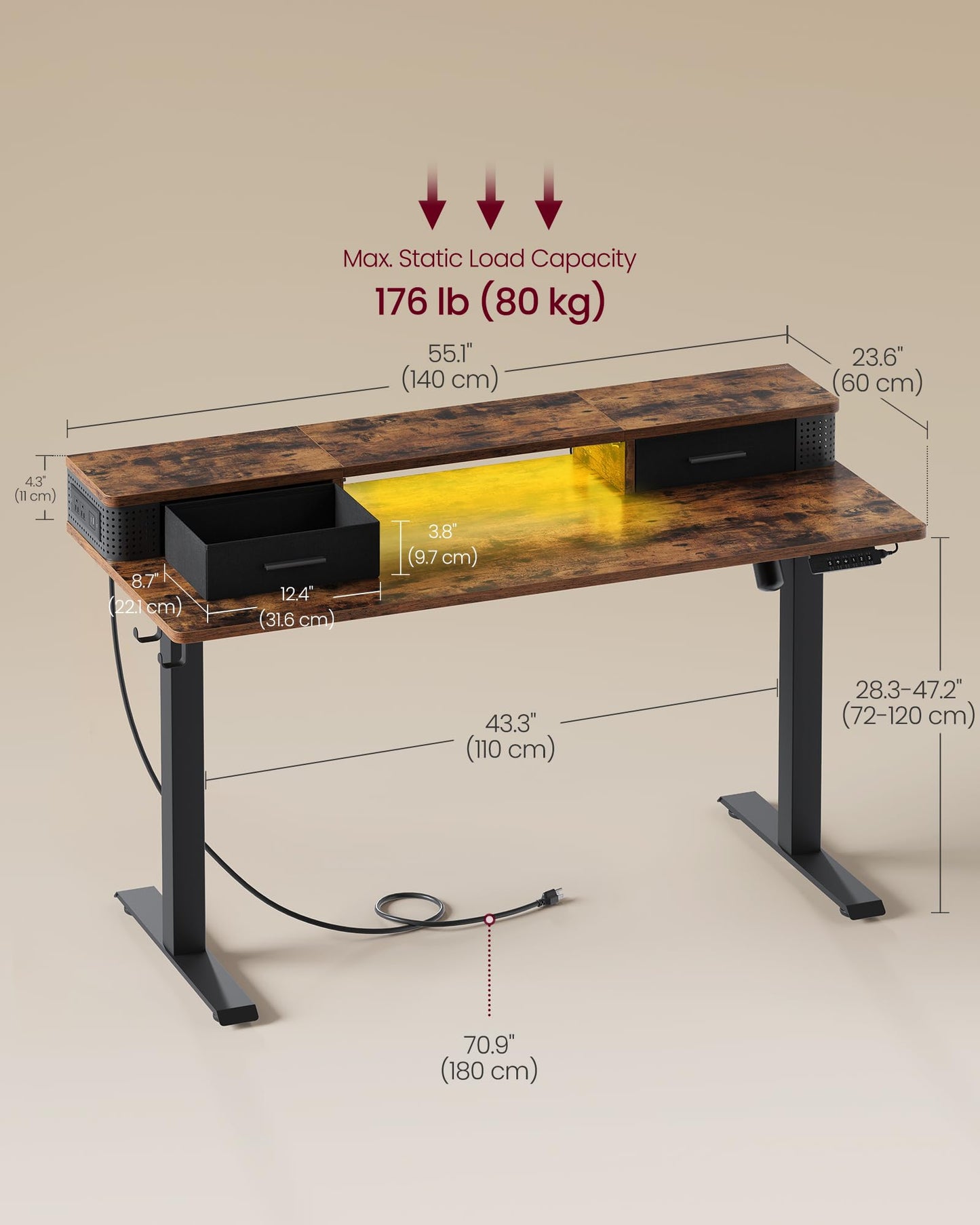 VASAGLE Electric Standing Desk with Drawers, Sit Stand Desk with Built-in Power Strip, Adjustable Height, 23.6 x 55.1 Inches, 2 Hooks, Memory Function, for Home Office, Rustic Brown ULSD184X2 - WoodArtSupply