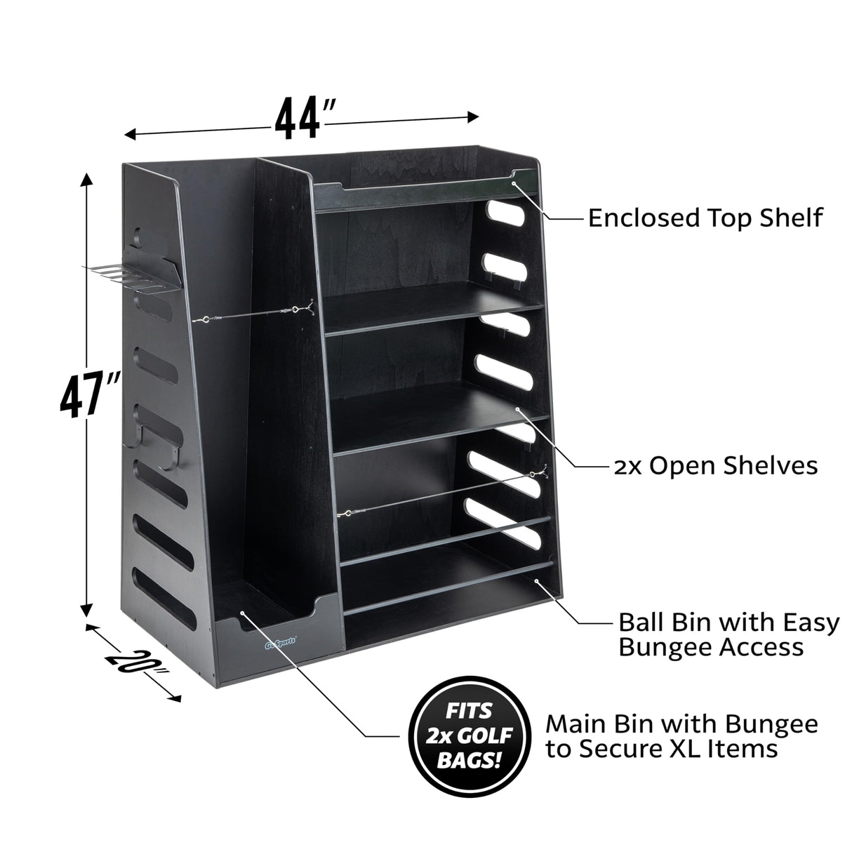 GoSports Premium Wooden Sports Equipment Organizer with Storage Hooks - Golf Bag Rack and Multi-Sport Ball Bin for Garage GoSports