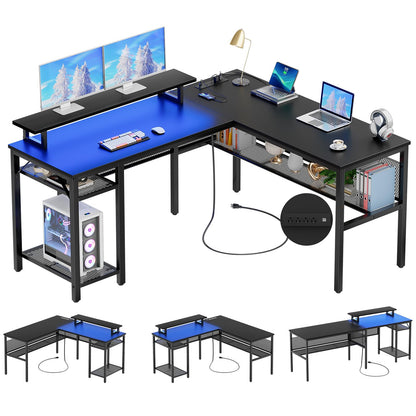 Unikito Reversible L Shaped Desk with Smart RGB Light & Power Outlets - 55 Inch Black Corner Computer Desk - WoodArtSupply