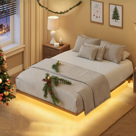 HOOBRO Floating Bed Frame Full Size, Bed Frame with Charging Station and LED Lights, Industrial Style Metal Platform Full Bed, Soundless, No Box Springs Needed, Black HOOBRO