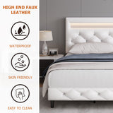 Keyluv Modern Upholstered Queen Bed Frame with LED Lights, Faux Leather Low Profile Platform Bed Frame, Adjustable Crystal Button Tufted Headboard, Strong Wood Slat Support, Easy Assembly, White Keyluv