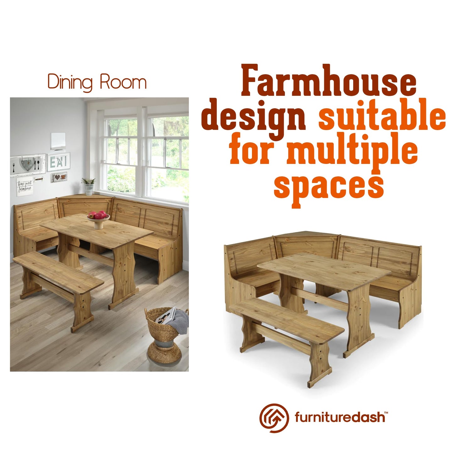 Furniture Dash Solid Wood Corner Dining Set 64.8" W x 19.9" D x 33.4" H- Farmhouse Table and Bench Set, Farmhouse Furniture for Dining Room - Corona Collection - WoodArtSupply