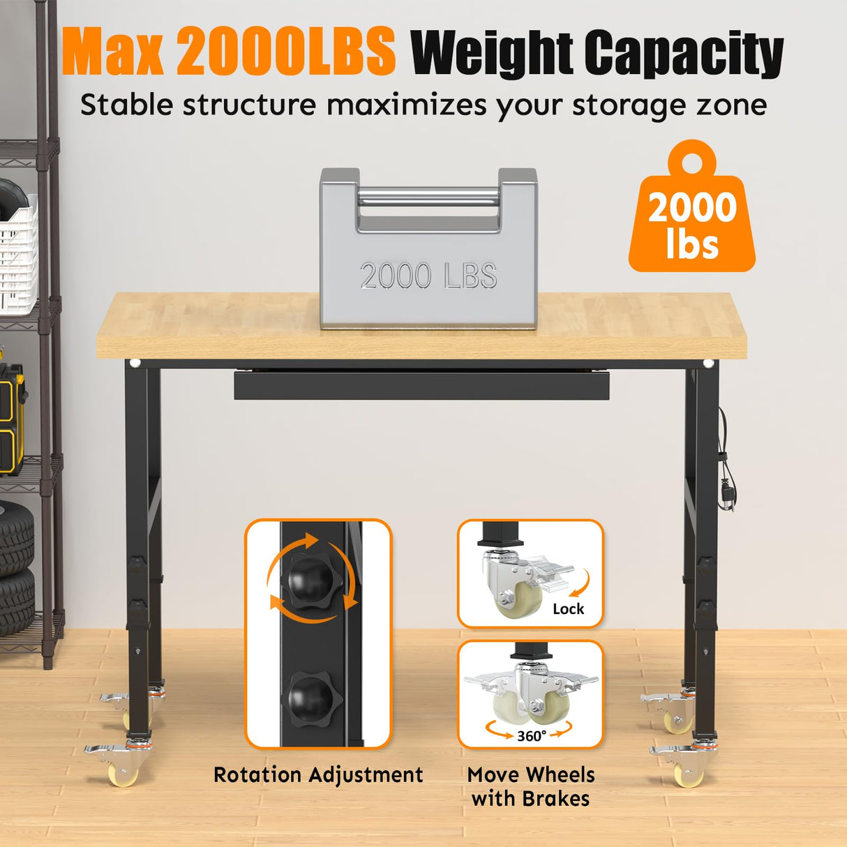 Granper 48" Work Bench with Drawers, Adjustable Height Workbench with Wheels and Power Outlets, Heavy-Duty 3000 LBS Capacity Wood Work Table for Garage, Workshop, Office, Home Granper