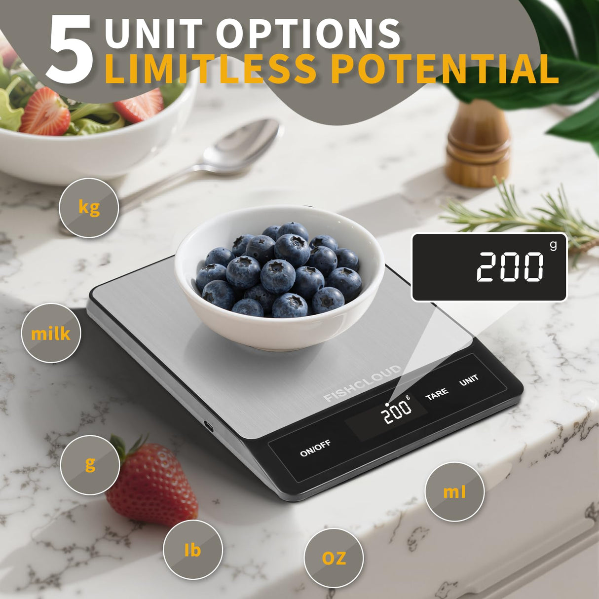 Food Scale - Rechargeable Digital Kitchen Scale 33lb, 1g/0.05oz Precision, Type-C, Stainless Steel, Grams/Ounces, LCD Display, for Cooking/Baking/Meal Prep (Ash Silver) FISHCLOUD