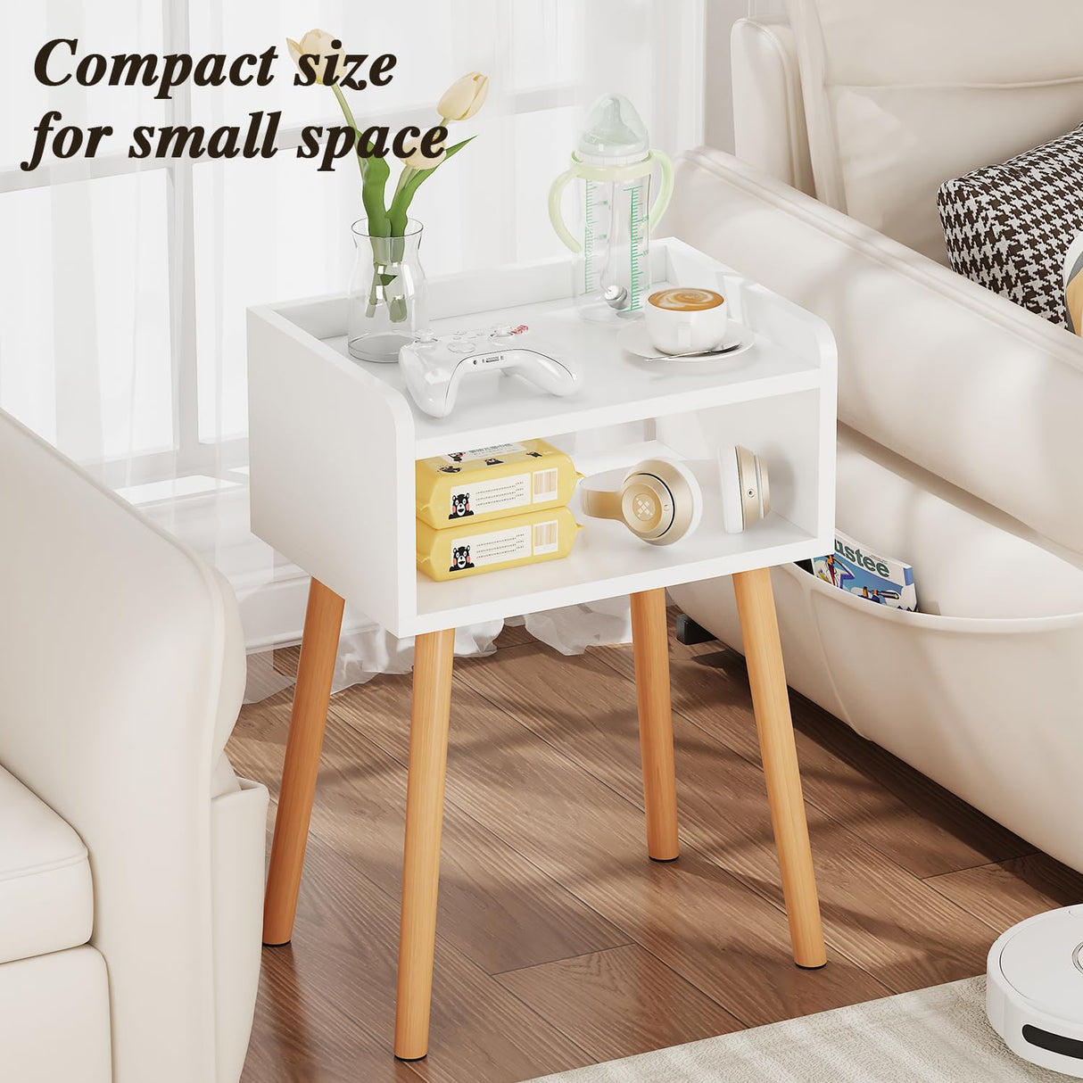 LUCKNOCK Night Stand, Modern Bedside Tables, Mid Century Nightstands with Open Storage Shelf, Wood Bedside Table, Small Night Stands for Bedroom, High Night Table, White. LUCKNOCK