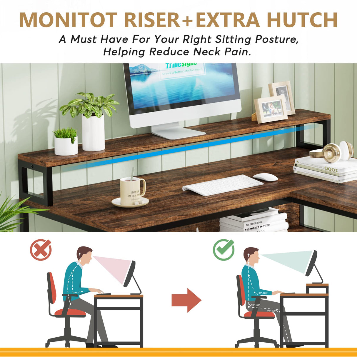 Tribesigns L Shaped Desk with Shelves, 59" Large Corner Computer Desk with Monitor Shelf, Reversible Home Office Desk with Bookshelf and Metal Frame, Two Person Desk, Rustic Brown Tribesigns