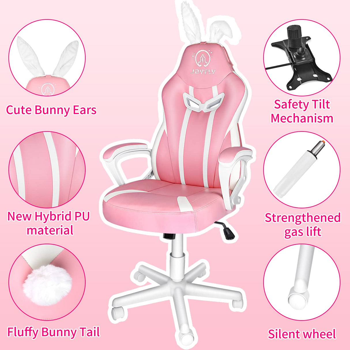 JOYFLY Pink Gaming Chair with Bunny Ears, Cute Chair for Kids, Girl Gaming Chair for Adults, Ergonomic Video Office Gamer Chair, Kawaii Silla Gamer Computer Chair for Girlfriend, Sister, Wife (Pink) JOYFLY