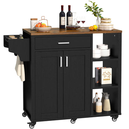 YITAHOME Kitchen Island with Storage, Rolling Kitchen Island on Wheels with Drawer Open Shelves & Wine Rack Spice Rack, Kitchen Cart with Two Doors for Kitchen, Dining Room, Black