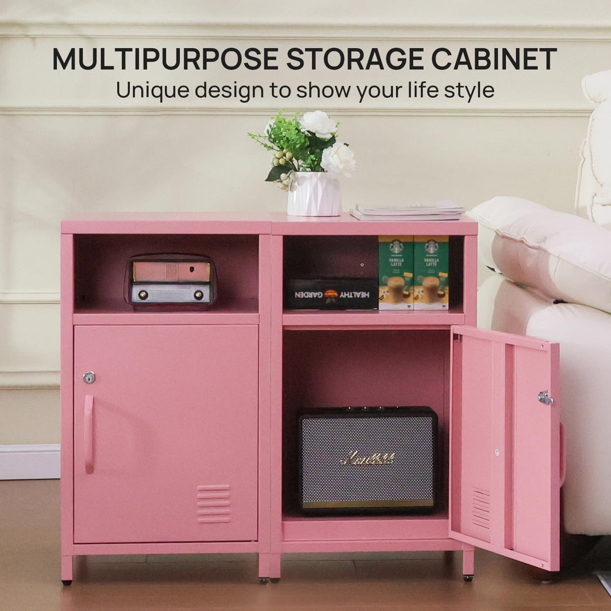 ALBAD Compact Metal Nightstand with Lockable Cabinet and Open Shelf, Modern Bedside Table, Versatile Side Table for Bedroom, Living Room, or Office ALBAD