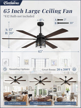 Fanbulous 65" Farmhouse Ceiling Fans with Lights and Remote,Industrial Large Ceiling Fan with 6-Speed Reversible DC Motor and 6 Dual Finish Blades,Black Ceiling Fan with Light for Living bedroom Patio Fanbulous