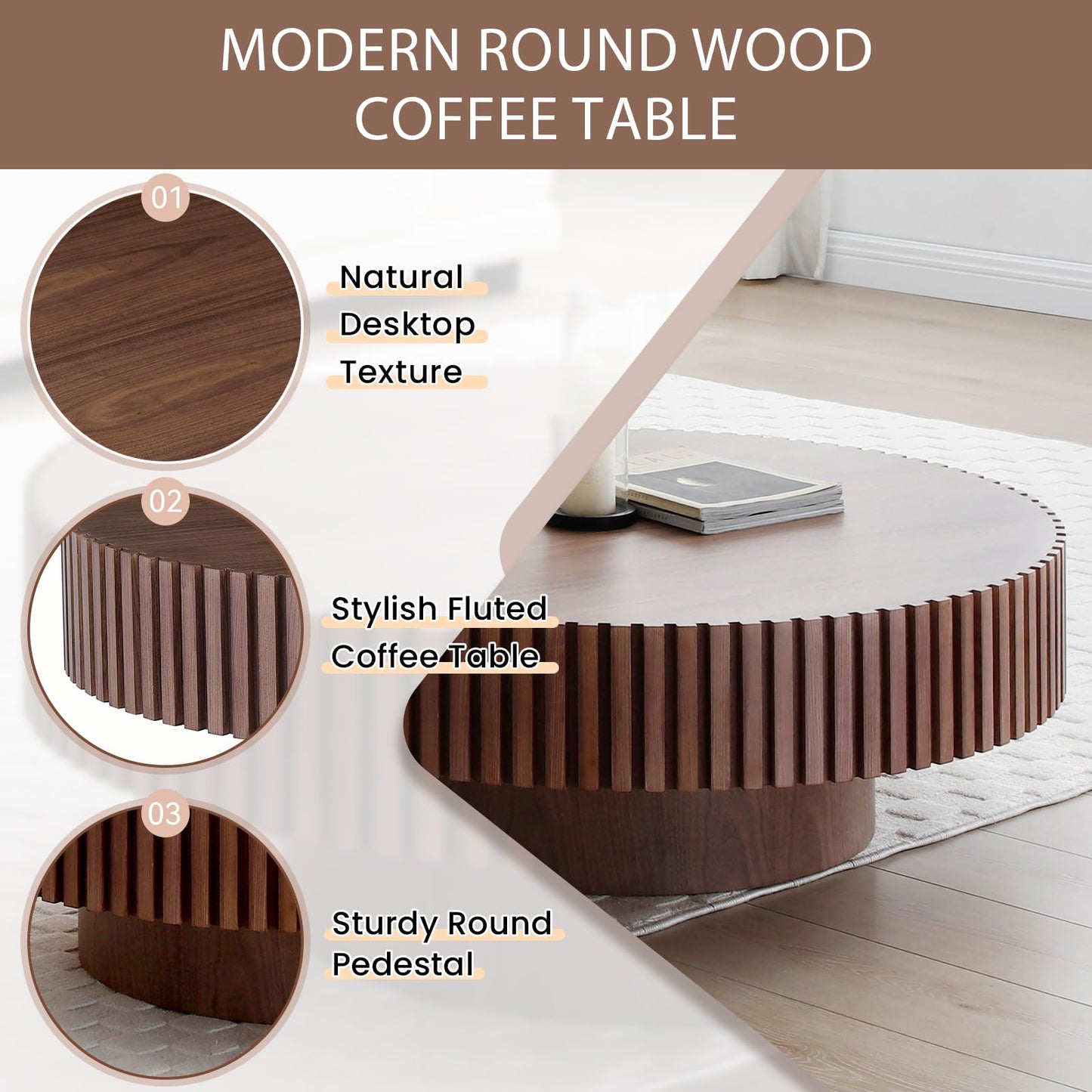 31.49" Walnut Coffee Table Round Wood, Modern Unique Fluted Coffee Table, Contemporary Drum Circle Coffee Table Accent Tea Table Center Table for Living Room, Small Space, Apartment