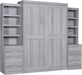 Full Murphy Bed with Bookcase Shelves and 6 Drawers,Metal & Pine Wood Folding Murphy Wall Bed Cabinet for Adults MERITLINE
