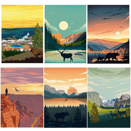 6 Packs Paint by Numbers for Adults Beginners, National Park Painting by Number Kits on Canvas Without Frame, Yellowstone Grand Teton Yosemite Lanscape Craft Arts for Home Wall Decor 9.8x13.8inch HOIYLDS