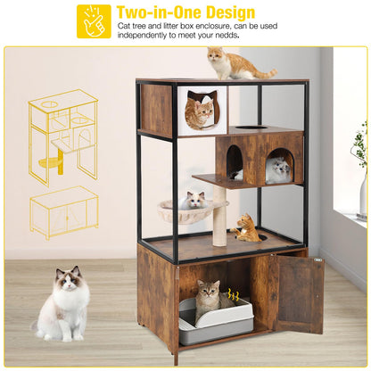 Aivituvin Cat Litter Box Enclosure, Litter Box Furniture Hidden, Wooden Cat Washroom Furniture, Indoor Cat House with Condo, Hammock, Scratching Mat and Storage Shelves