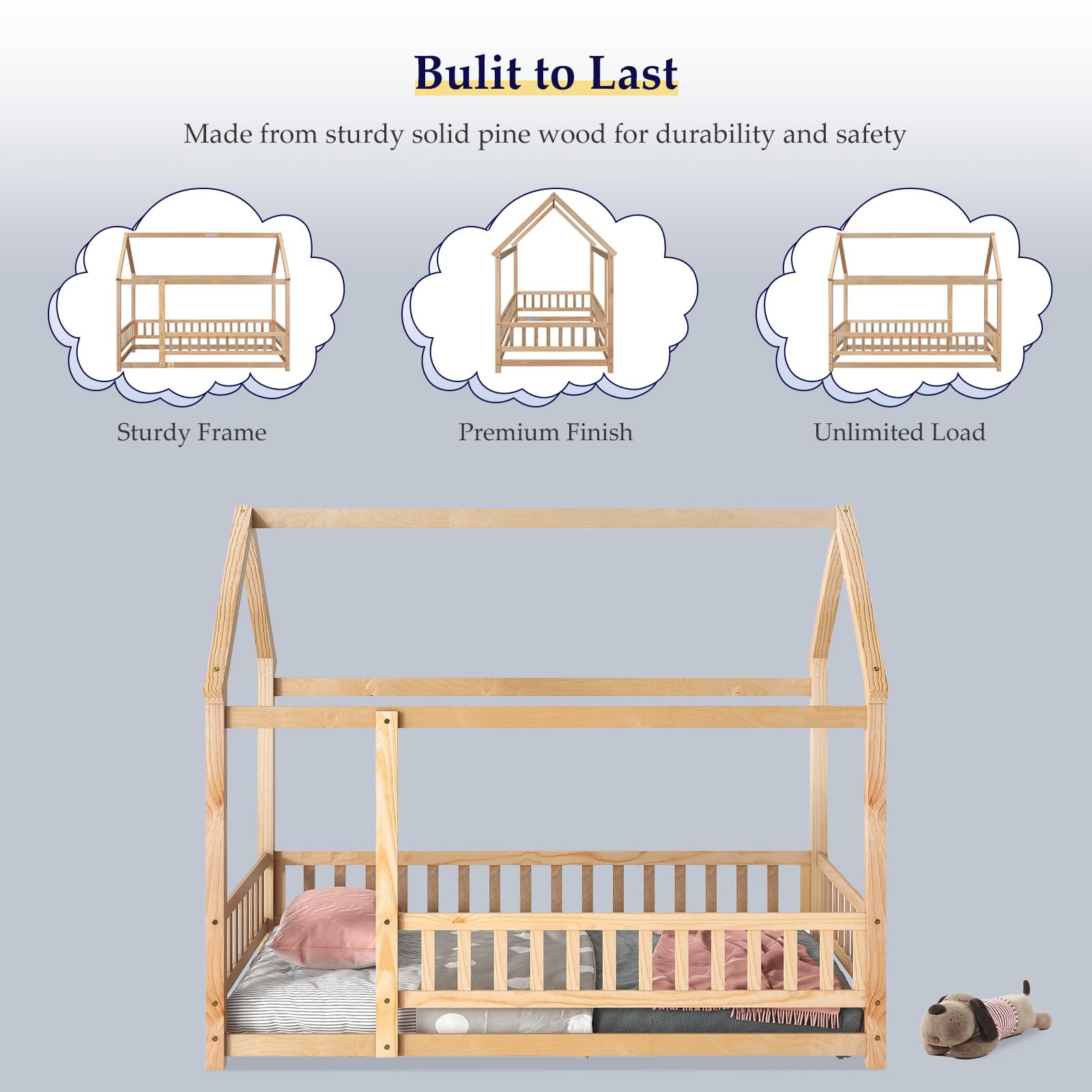 Montessori-Inspired Tatub Twin House Floor Bed with Safety Rails for Kids - WoodArtSupply