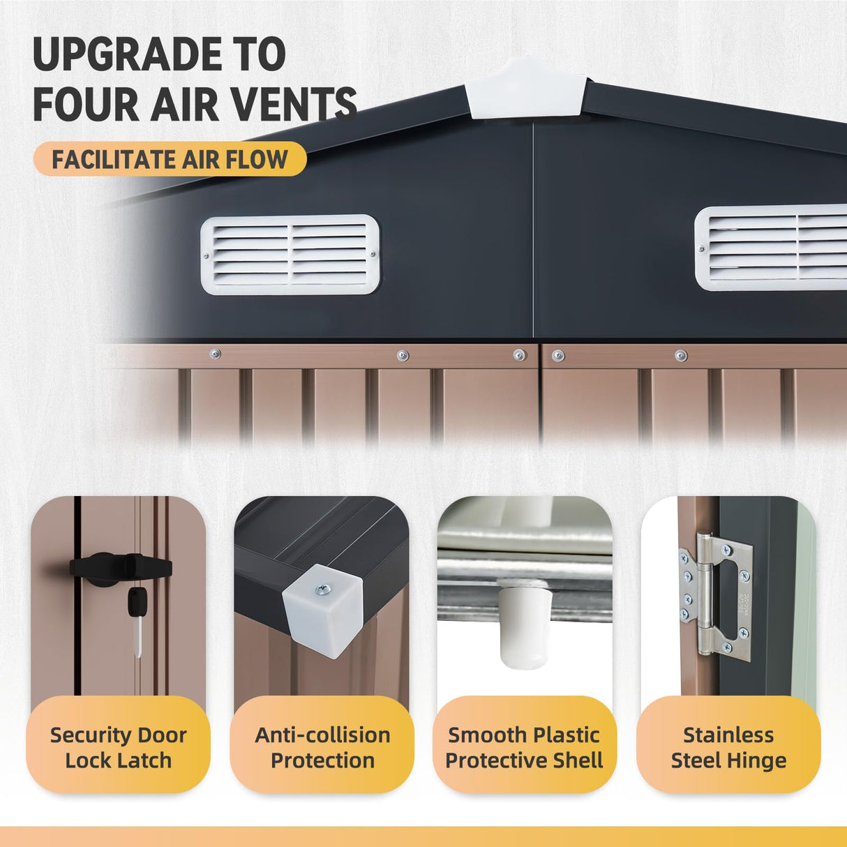 Aoxun 7.4x5.3FT Shed with Floor Galvanized Steel Outdoor Storage Shed Metal Garden Shed with Double Doors, 15mm Moisture-Proof Floor & Ventilation, Sloped Roof for Bike/Generator/Tool Storage (Brown) Aoxun