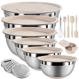 Mixing Bowls with Airtight Lids Set, 20 PCS Kitchen Gadgets Set, 6 Stainless Steel Bowls, 3 Grater Attachments, Non-Slip Silicone Bottoms, Great for Serving&Baking, Size 5, 4, 3.5, 2.1, 1.5, 1.1QT ENVTEK