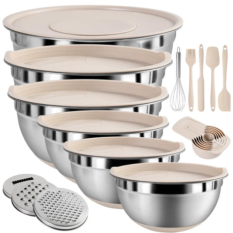 Mixing Bowls with Airtight Lids Set, 20 PCS Kitchen Gadgets Set, 6 Stainless Steel Bowls, 3 Grater Attachments, Non-Slip Silicone Bottoms, Great for Serving&Baking, Size 5, 4, 3.5, 2.1, 1.5, 1.1QT ENVTEK