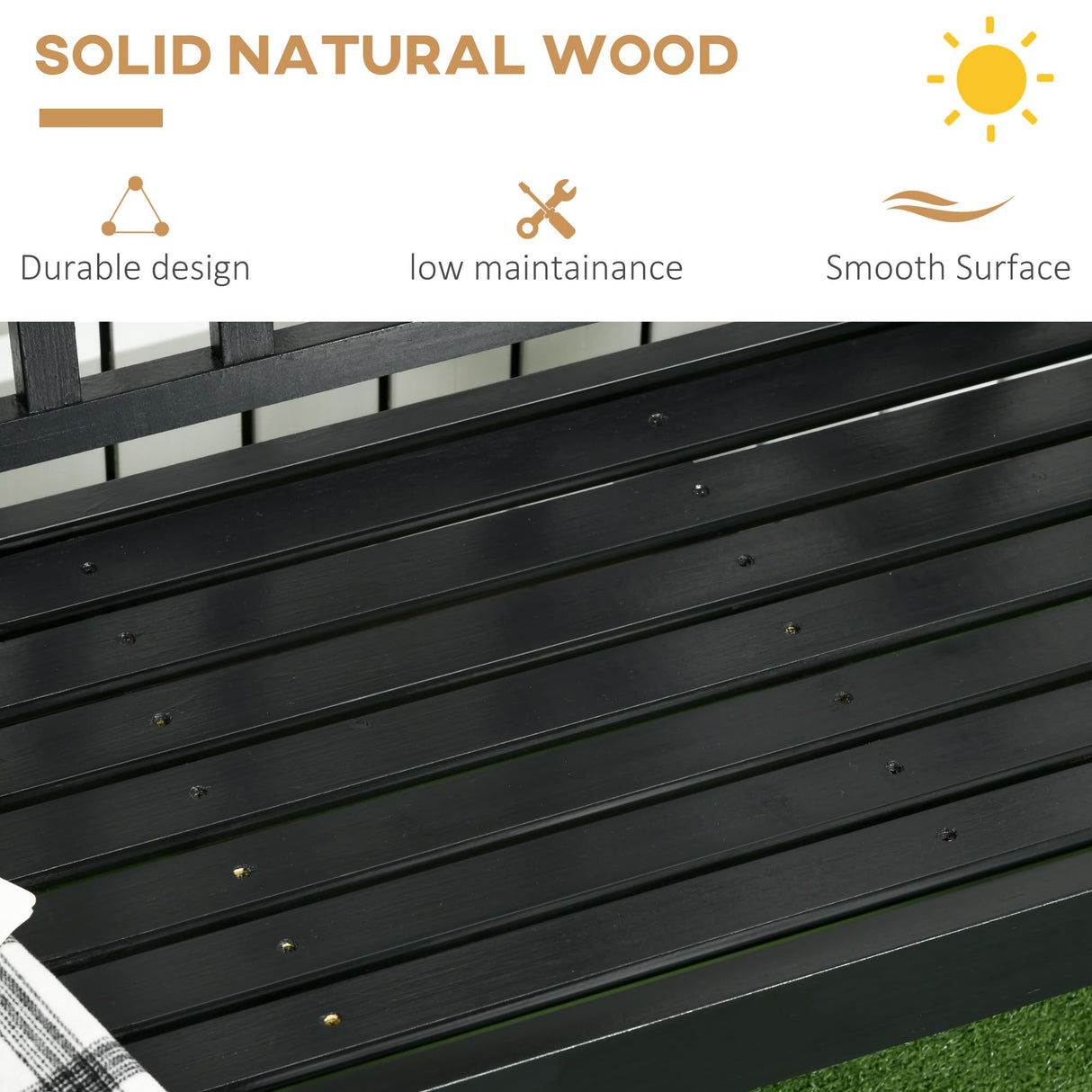 Outsunny Wooden Patio Bench, Outdoor Garden Bench with Backrest and Armrests, 3 Person Porch Bench with Rustic Country Diamond Pattern, Black Outsunny