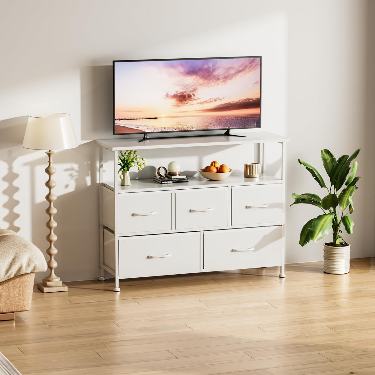 Simple Deluxe TV Stand Dresser for Bedroom Entertainment Center with 5 Fabric Drawers, Storage Organizers Units for Living Room, Media Console Table with Open Shelf up for 45" TV, White, Wood top Simple Deluxe
