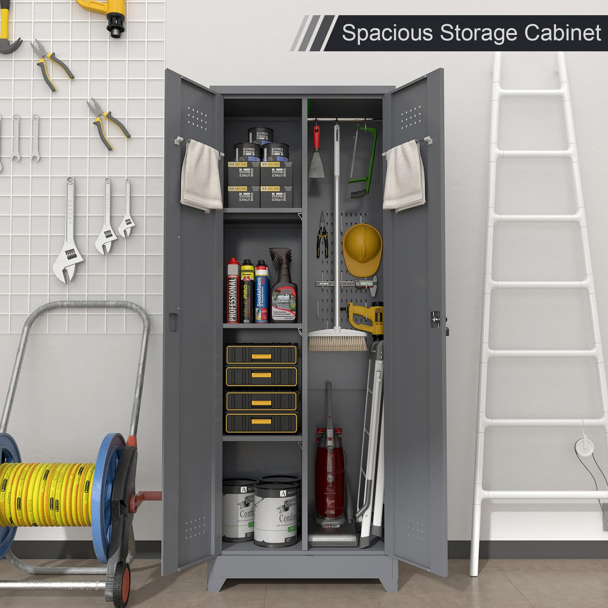 IRONFFICE Broom Storage Cabinet,65" H Utility Closet with Pegboard,Cleaning Cabinet with Locking for Laundry Room,Grey IRONFFICE