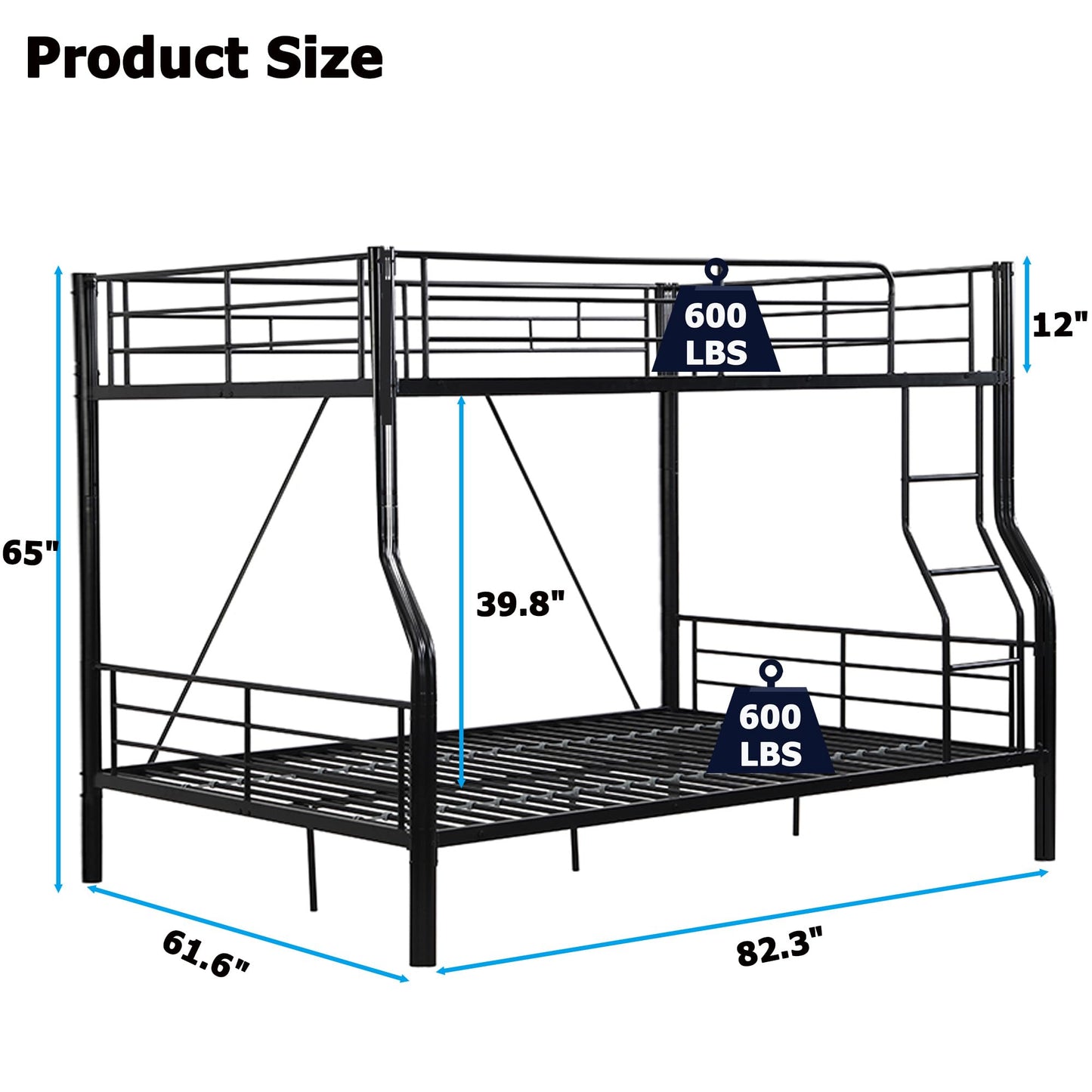 Movdevy Metal Full XL Over Queen Bunk Bed for Kids Adults Teens Boys, Stronger Metal Queen Size Bunk Beds, Heavy Duty Bunk Bed Full XL Over Queen with Ladder & Guardrail, No Box Spring Need (Black)