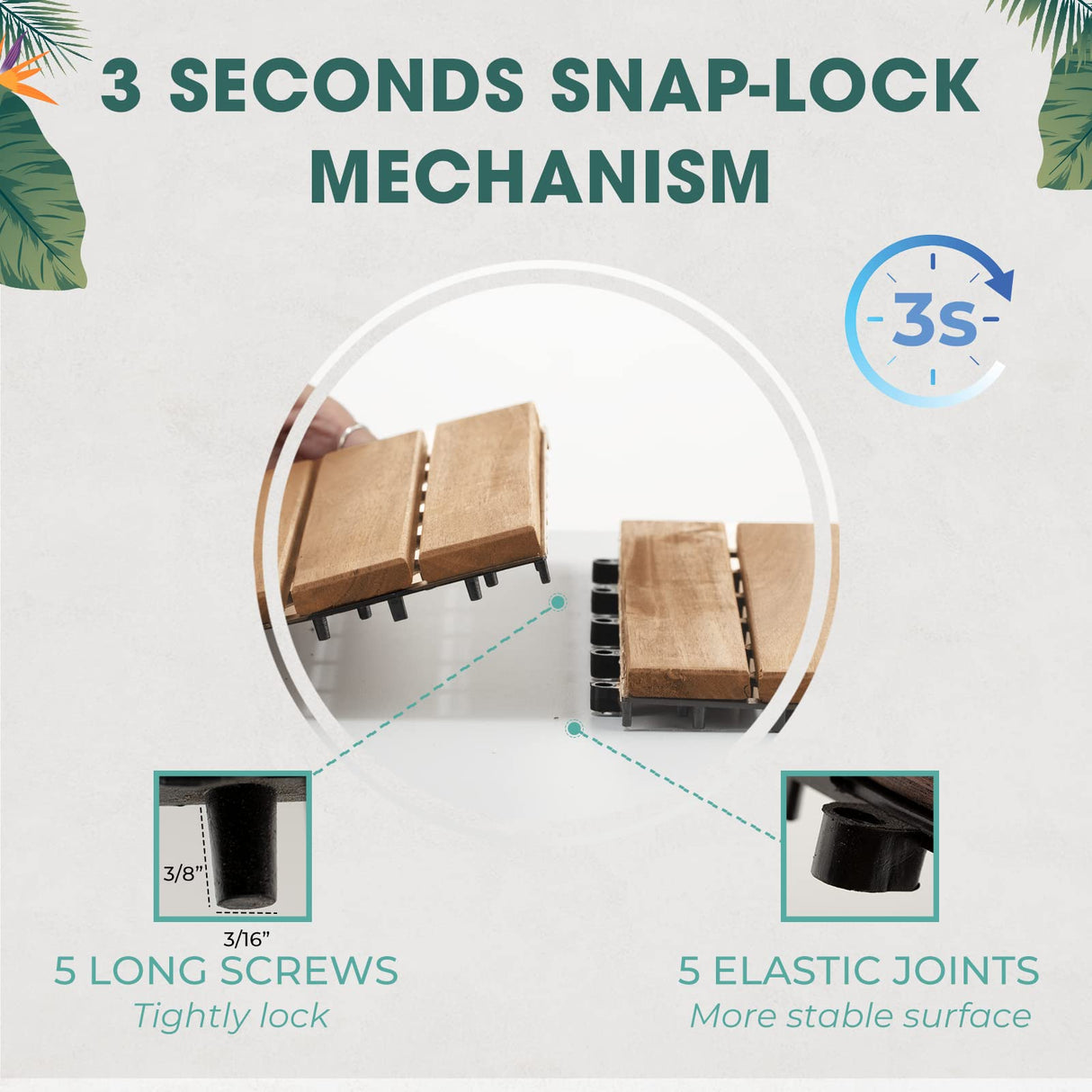 Interlocking Deck Tiles - 10PCS Waterproof Acacia Wood Patio Tiles, Flooring Tiles for Both Indoor and Outdoor - Decking Stripe Pattern, Golden Teak, 12 x 12 x 0.9 inches IDZO