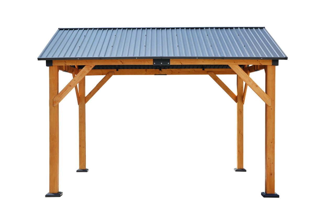 YOPTO 12x8.5 FT Wood Carport Pavilion Gazebo,Canopy Tent wiht Hard Top Steel Metal Slope Roof and Feet,All Weather Protected,Waterproof Garden Pergola for ackyard,Swimming Pool,Light Brown YOPTO