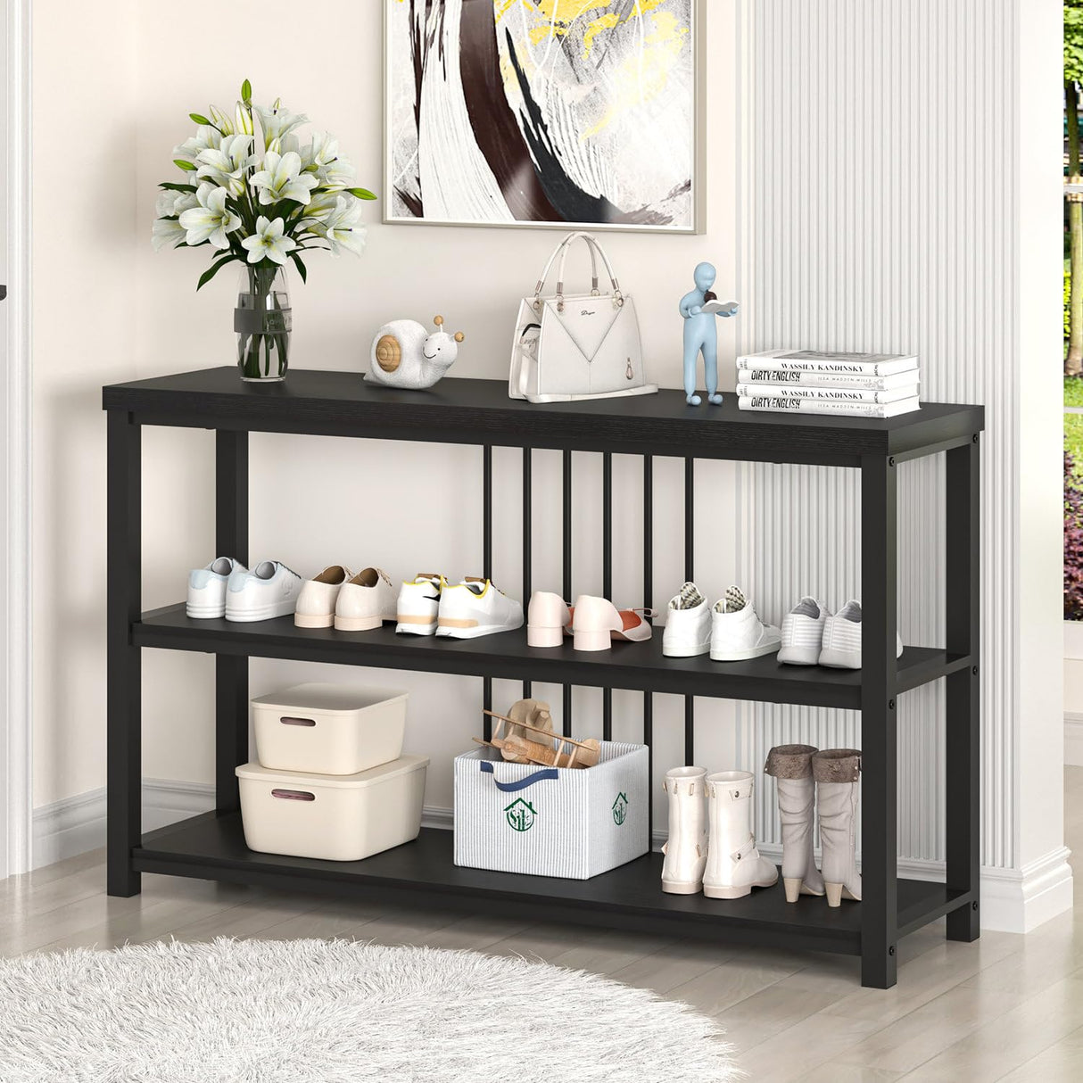FOLUBAN Entryway Table, Modern Sofa Console Table with 3 Tier Storage Shelf, Hallway Foyer Table for Living Room, Industrial Black Oak FOLUBAN