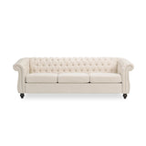 roomfitters Elegant Chesterfield Sofa with Fabric Upholstery and Turned Legs, Luxurious Sofa for Living Room and Bedroom, Beige Fabric roomfitters