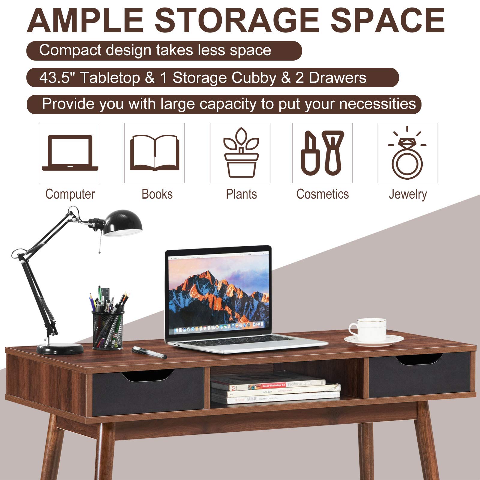 Tangkula Mid Century Desk with Drawers, Modern Writing Study Desk, Home Office Desk Computer Desk with Solid Wood Legs & Open Shelf, Study Workstation Multifunctional Vanity Table Desk for Be - WoodArtSupply