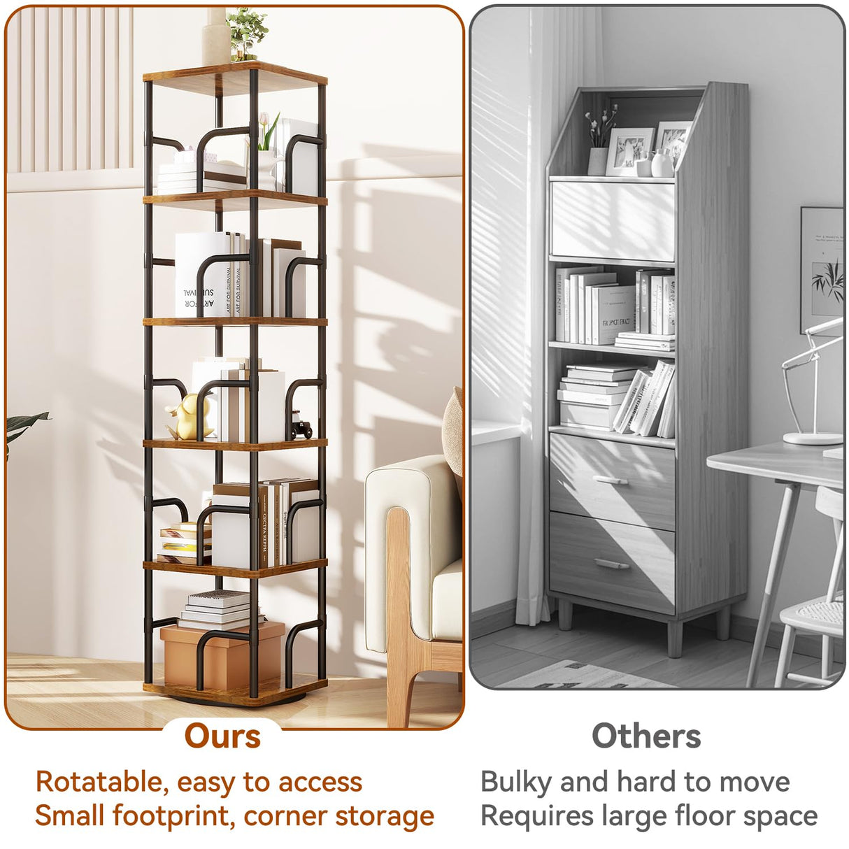 IBUYEK 6 Tier Square Rotating Bookshelf, 360° Spinning Bookcases Tower,Freestanding Corner Bookshelf with Rails,Industrial Swivel Bookcase Organizer for Bedroom, Living Room,Study,Brown,UTBC005H IBUYKE
