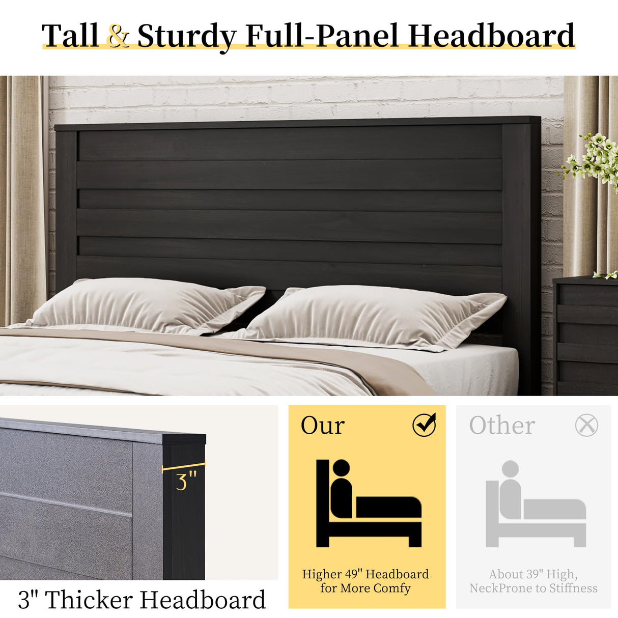 Farmhouse Queen Bed Frame with 49" Tall Headboard - LUXOAK Wooden Platform Bed, Noise-Free & No Box Spring Needed, Black LUXOAK