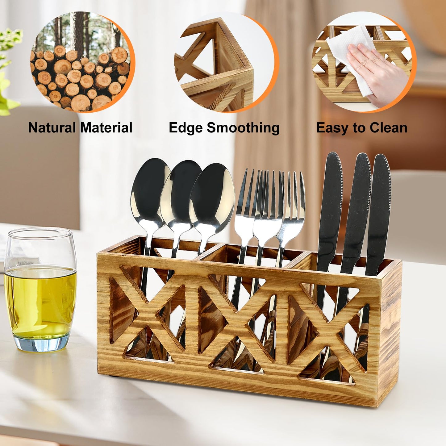 Wooden Cutlery Silverware Holder Flatware Caddy Wood Utensil Holder for Kitchen Counter Decor Small Silverware Organizer Countertop Spoon and Fork Holder Table Utensil Caddy for Party Cutlery Basket