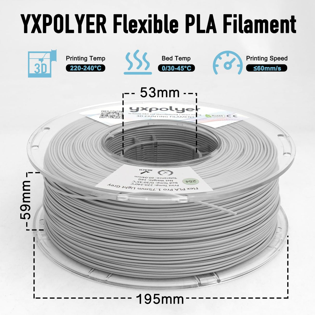 YXPOLYER Flexible PLA Food-Grade Soft PLA 3D Printer Filament 1.75mm 1KG for Printing Dog Chew Toys and Highly Elastic Bouncy Airless Basketball Pet Ball, Light Grey yxpolyer