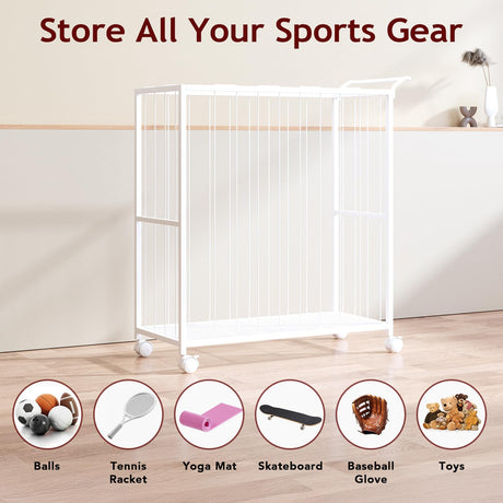 Homsorout Ball Storage Bin Rolling Sports Ball Cart, Metal Garage Organizer Sport Rack, Ball Basket Storage, Ball Cage for Garage or Gym, Indoor & Outdoor Sports Equipment Organizer white Homsorout