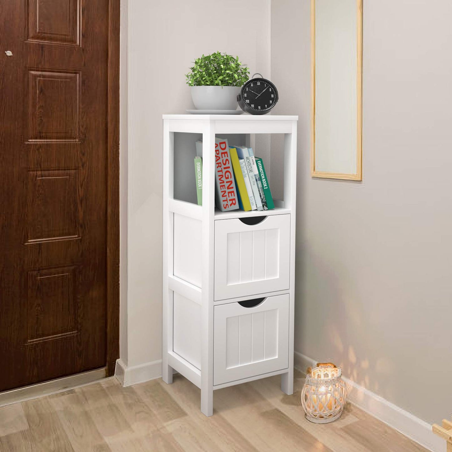 Tangkula Bathroom Floor Cabinet, Wooden Storage Cabinet w/2 Adjustable Drawers, Narrow Storage Floor Cabinet for Living Room Bathroom Office (White)