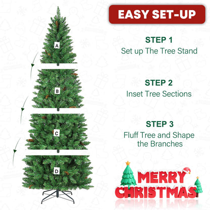 VIVATREES 9ft Prelit Pencil Christmas Tree with 350 Multicolor LED Lights, Artificial Green Slim Christmas Tree with 1308 PVC Branch Tips, Metal Stand and Hinged Branches, 10 Color Modes