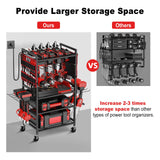 JUNNUJ Garage Large Power Tool Organizer Cart with 20A Power Strip, Heavy Duty Drill and Tools Battery Holder Storage Rack with Charing Station, Floor Standing Rolling Tool Cart Shelf on Wheels JUNNUJ